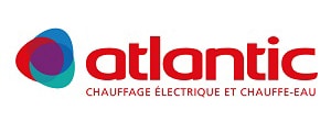 Logo Atlantic rouge avec symbole abstrait coloré, et le slogan CHAUFFAGE ÉLECTRIQUE ET CHAUFFE-EAU.