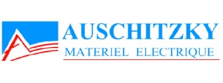 Logo Auschitzky Matériel Électrique: un A stylisé rouge avec des lignes horizontales rouges sur fond bleu.