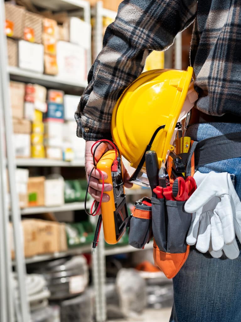 Électricien en chemise à carreaux, casque jaune, multimètre et outils à la ceinture (19-21) dans un entrepôt. Gants blancs apparents.