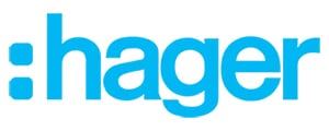 Logo Hager bleu clair avec un symbole de deux points au début. Représente la marque d'équipements et solutions électriques.