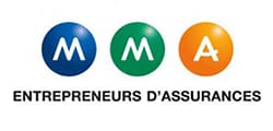Logo MMA avec trois pastilles colorées bleu, vert, orange affichant M, M, A. Texte noir: ENTREPRENEURS D'ASSURANCES.
