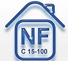 Logo bleu NF C 15-100 dans un cadre de maison stylisée, symbole de conformité aux normes électriques résidentielles françaises.