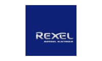 Logo Rexel sur fond bleu foncé, affichant le texte "REXEL" en argent stylisé et "MATÉRIEL ÉLECTRIQUE" en dessous.