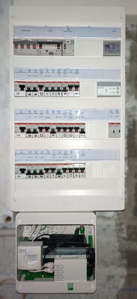 Tableau électrique Legrand avec disjoncteurs ABB et différentiels. Coffret communication Schneider, DTI, switch VDI et câbles réseau.